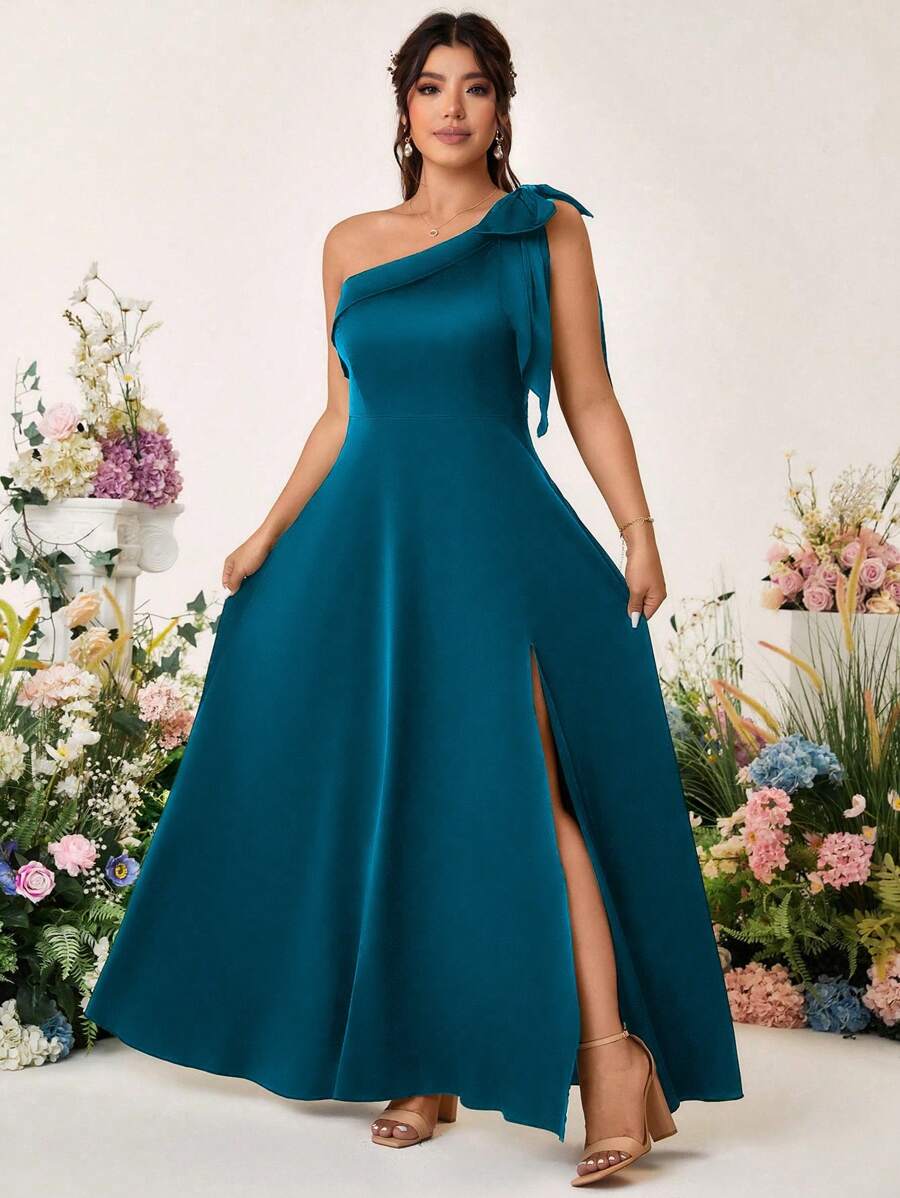 Teal blue plus size mother of the bride or formal dress in satin with a split.